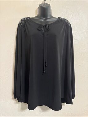 Susan Graver Black Tie-Neck Blouse with Embellished Shoulders 0060
